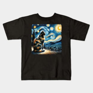 Tortoiseshell Starry Night Inspired - Artistic Cat Kids T-Shirt